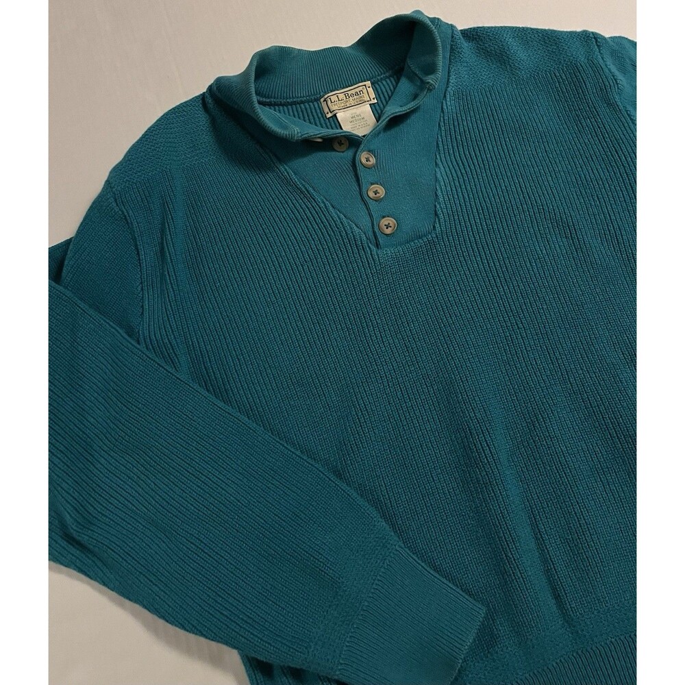Vintage 80’s 90’s LL Bean USA Made Cotton Ribbed Henley Sweater Men’s MED Teal